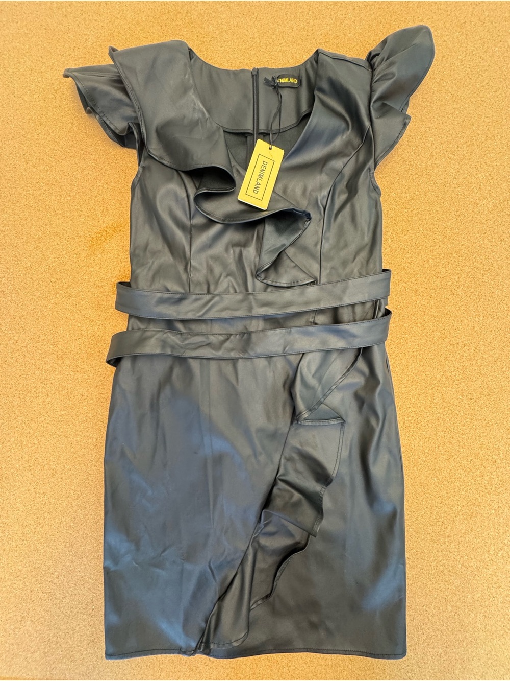 NEW Denimland Black Faux Leather Ruffle Dress Club nightlife size S